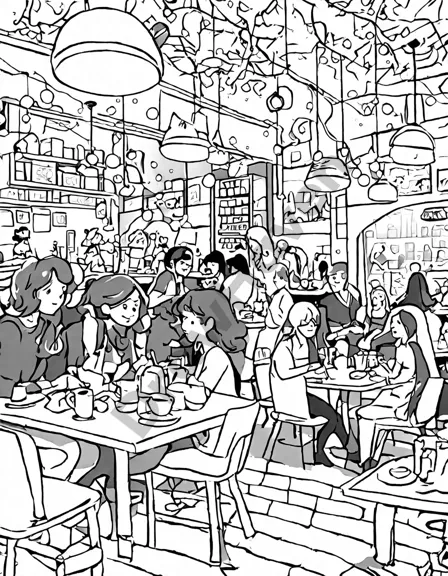 Coloring book image of cozy coffeehouse with a warm atmosphere, the aroma of freshly brewed coffee, and people chatting and playing chess in black and white