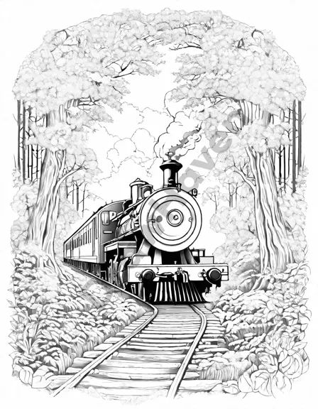 vintage train traveling through a dense forest in a coloring book scene in black and white
