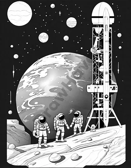 Coloring book image of space explorers building the first human colony on mars with domes, passages, and a landing spacecraft in black and white
