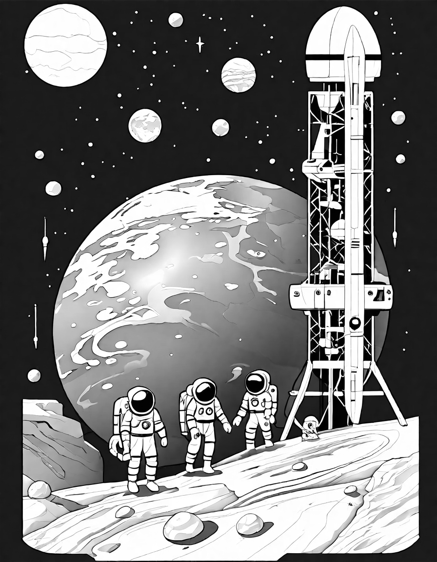 Coloring book image of space explorers building the first human colony on mars with domes, passages, and a landing spacecraft in black and white