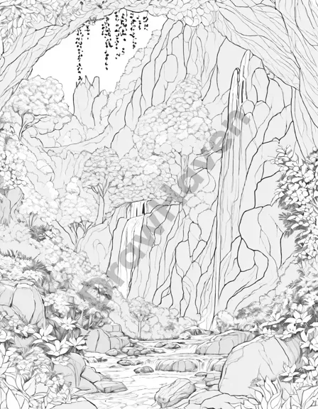 tranquil valley with sparkling gems, illuminating caverns and waterfalls on a coloring book page in black and white