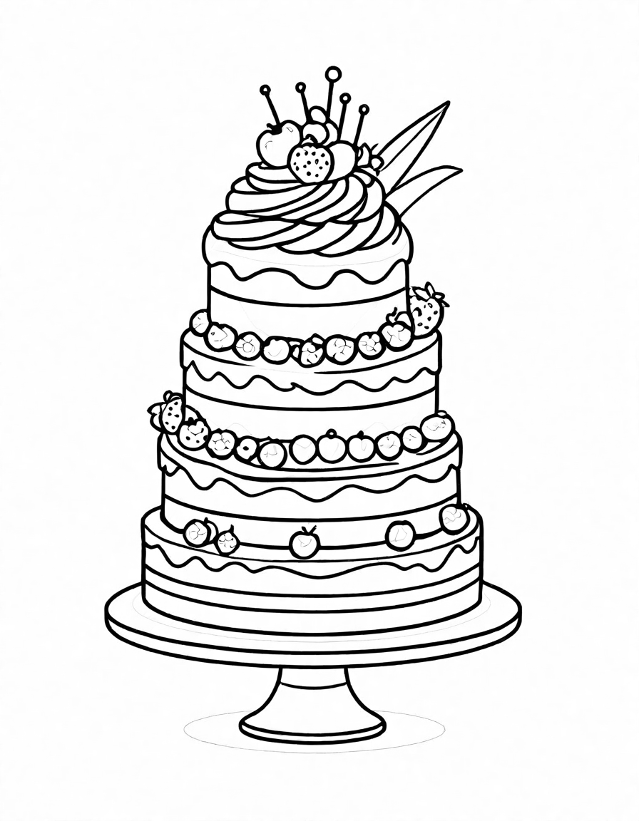coloring page featuring a detailed multi-layer cake with decorating tools, sprinkles, and fruits in black and white