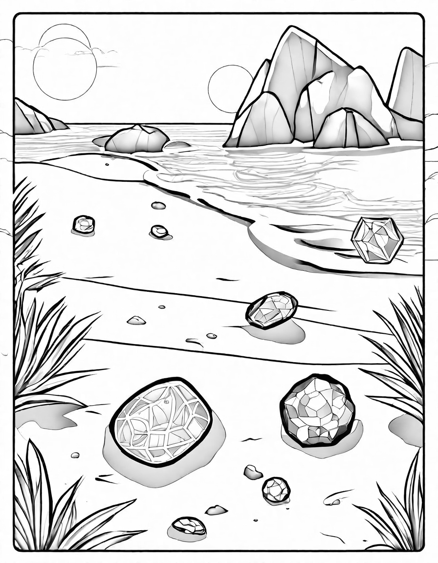 coloring page of hidden desert treasures including carvings, gems, and pottery in black and white