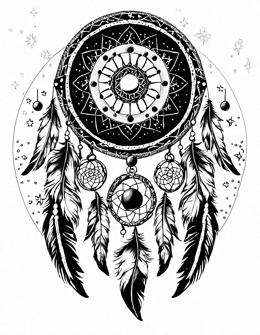 dream catchers filtering nightmares for peaceful dreams coloring page in black and white