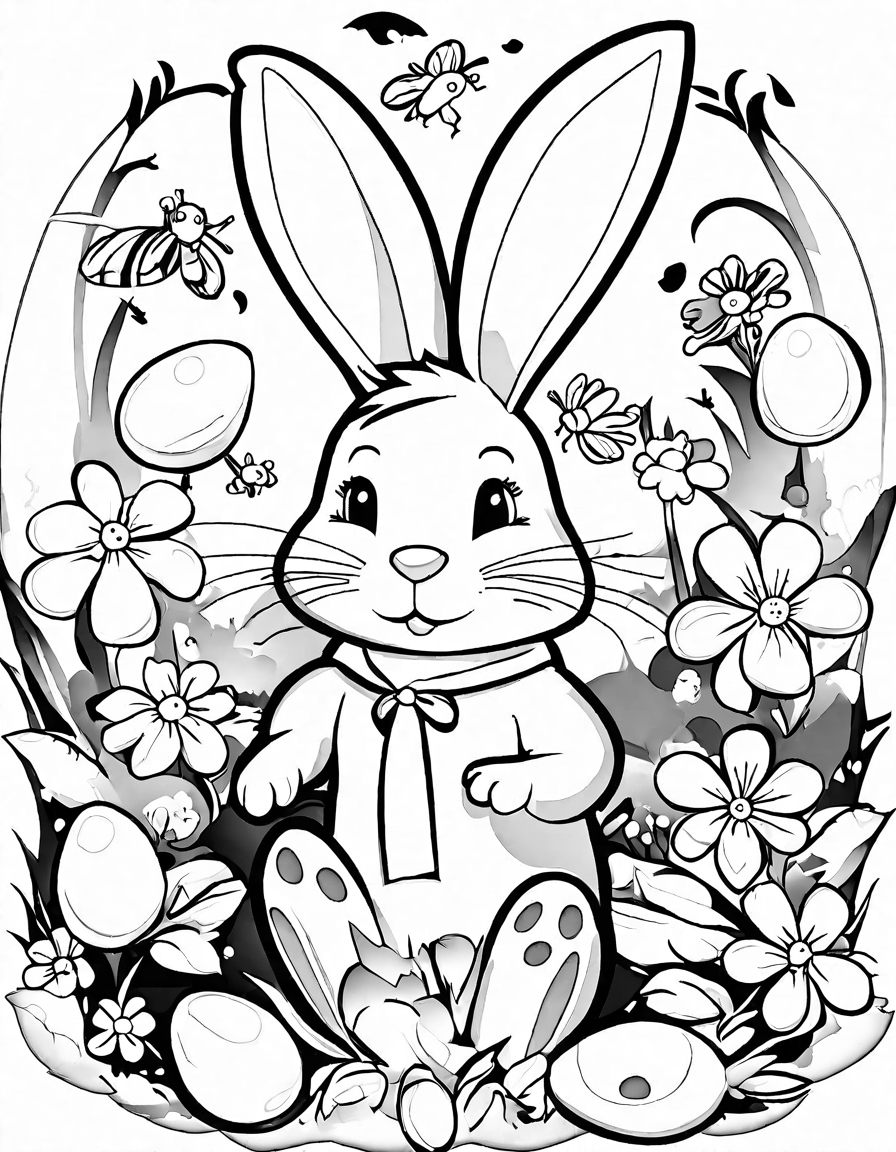 Coloring book image of easter bunny in a magical carrot patch with hidden easter eggs and smiling flowers in black and white