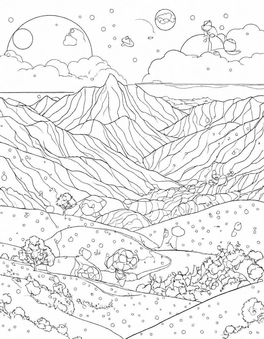 serene misty morning landscape invites peaceful coloring, featuring rolling hills, lush meadows, and whispering trees in black and white
