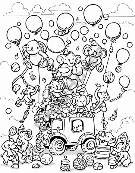 whimsical coloring page featuring a circus of numbers on parade and performing acrobatic feats in black and white