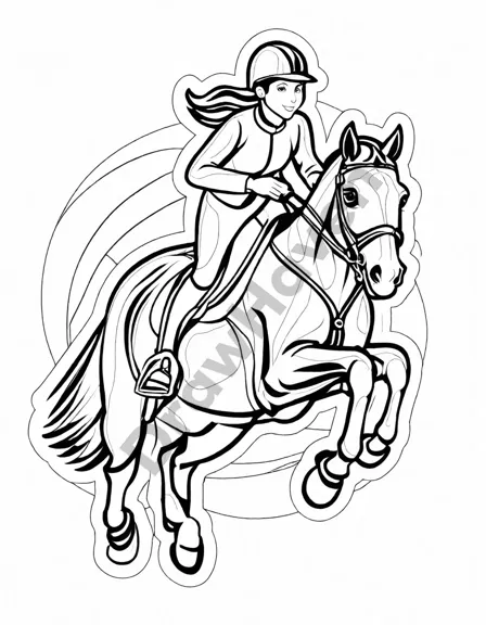 equestrian excellence coloring page showing horse and rider mid-jump at a competition in black and white