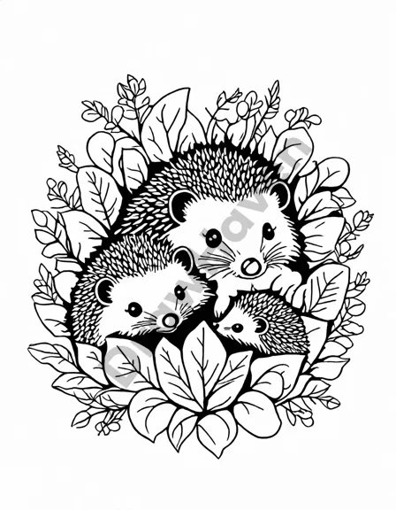 Coloring book image of cozy hedgehogs nestled in a lush hedge, their tiny curled bodies creating a heartwarming scene of garden tranquility in black and white