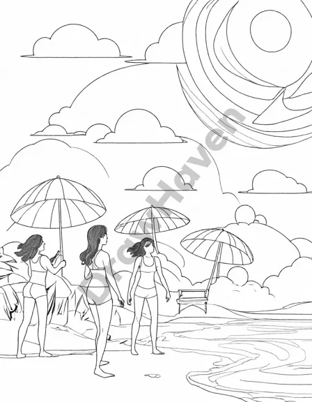 coloring page of a beach volleyball game under the sun with beachgoers and waves in the background in black and white