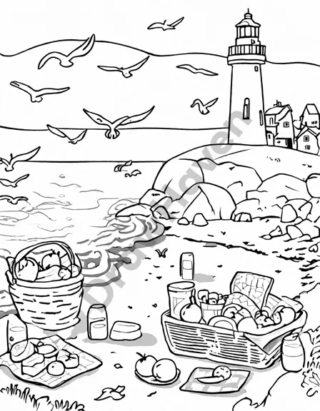 coloring book page of picnic on beach with fruit basket, lemonade, and lighthouse in black and white