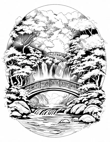 intricate stone bridge over tranquil stream in serene japanese garden coloring page in black and white