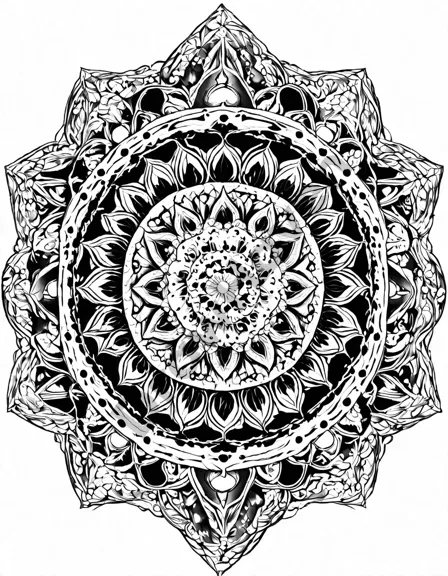 intricate mirrors of the mind mandala coloring page featuring symmetrical patterns and mirrors in black and white