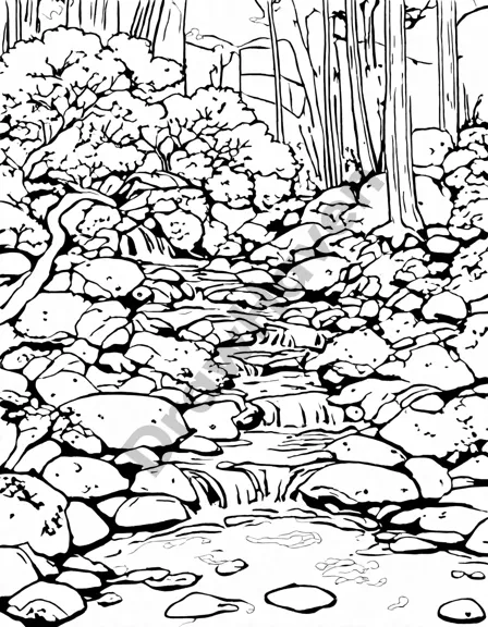 meandering stream in nature with rocks, moss, and tree branches coloring book page in black and white