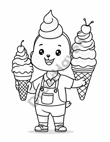 coloring page of a sunny ice cream parlor scene with customers and a server creating sundaes in black and white