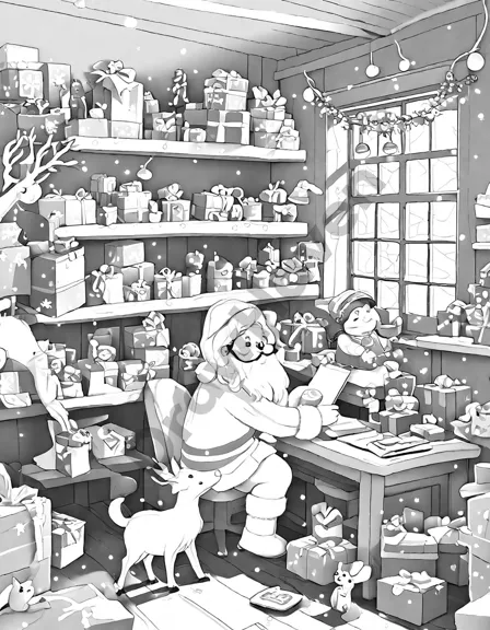 Coloring book image of santa's workshop bustling with elves preparing toys, overseen by a smiling santa, amidst a snowy north pole scene in black and white