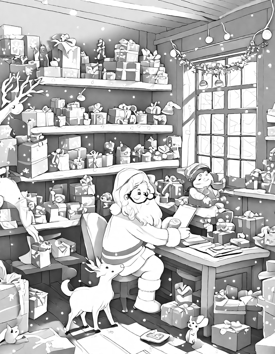 Coloring book image of santa's workshop bustling with elves preparing toys, overseen by a smiling santa, amidst a snowy north pole scene in black and white