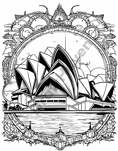 sydney opera house coloring page featuring its iconic sail-like roof and stunning harbor views in black and white