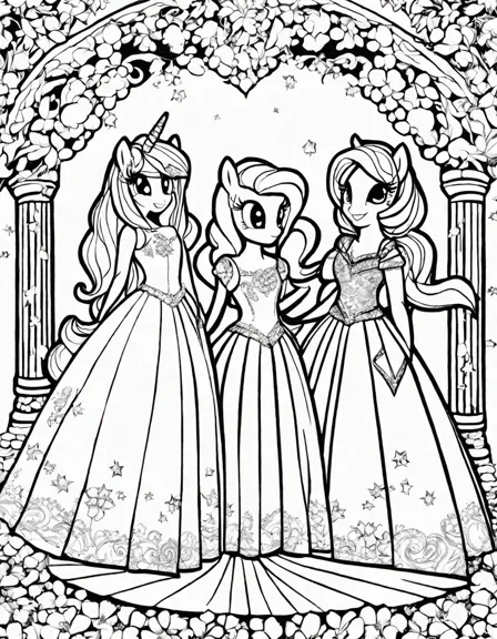 Coloring book image of twilight sparkle, rarity, fluttershy, applejack, and rainbow dash pose in their glamorous outfits at the grand galloping gala in black and white