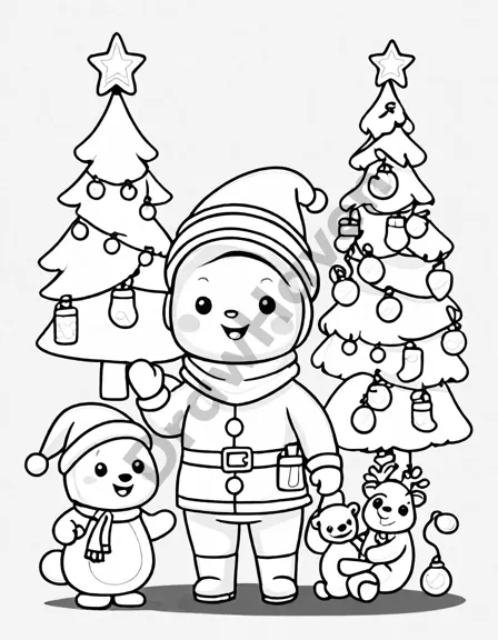 children with hot cocoa at a twinkling, festive christmas market coloring book page in black and white