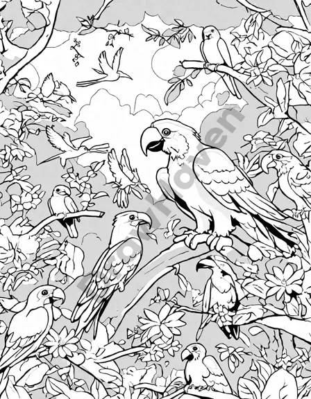 Coloring book image of children on a colorful jungle safari adventure observing vibrant birds among lush foliage in black and white