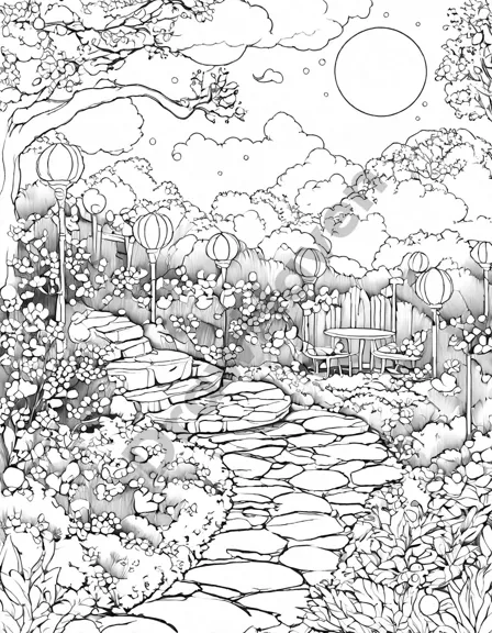 coloring page of moonlit garden with a fountain, pathways, and whispering flowers under a full moon in black and white