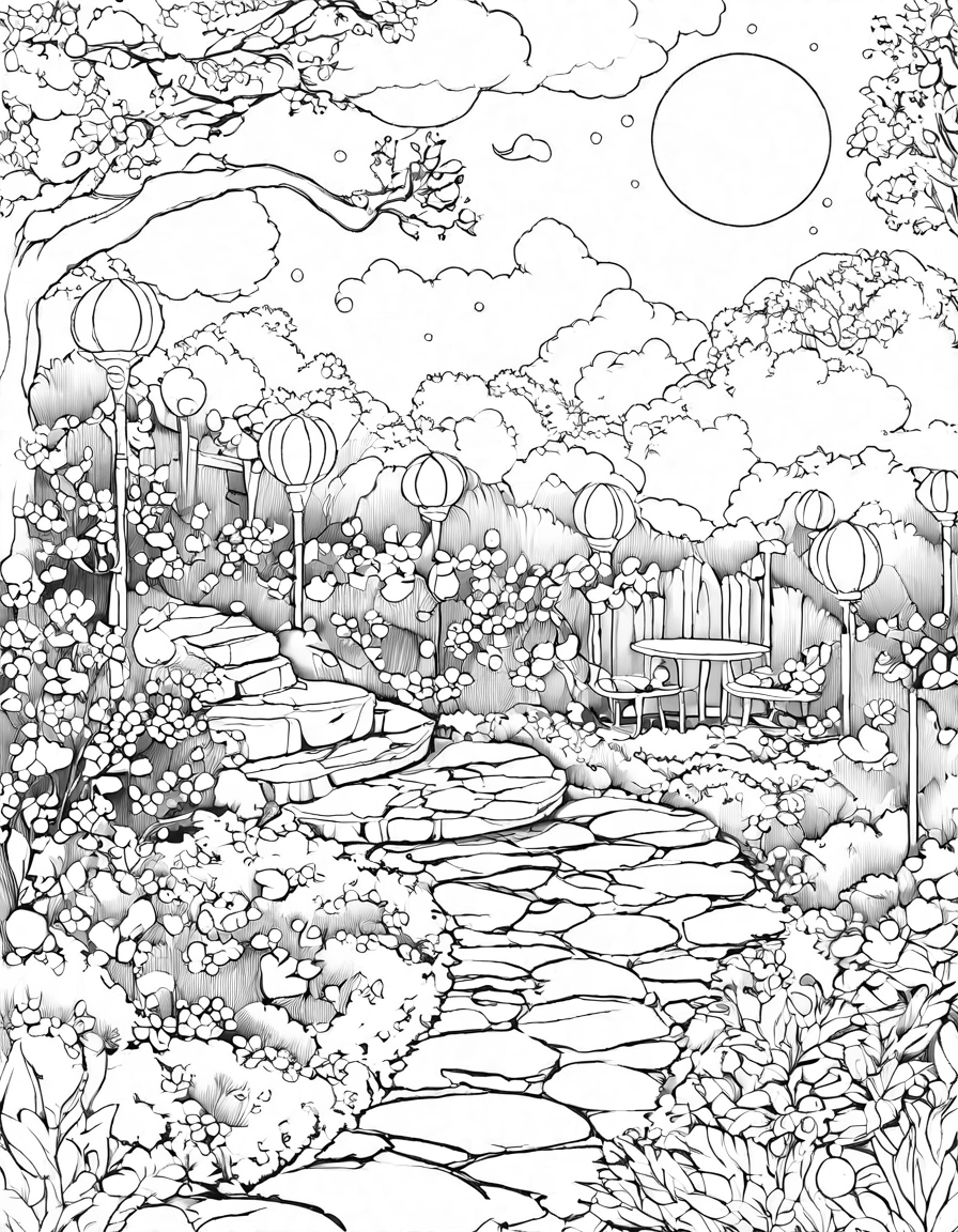 coloring page of moonlit garden with a fountain, pathways, and whispering flowers under a full moon in black and white
