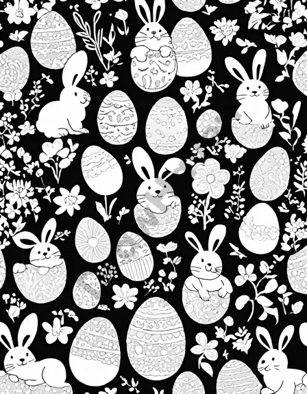coloring book page featuring a whimsical easter egg hunt in a garden with bunnies and butterflies in black and white