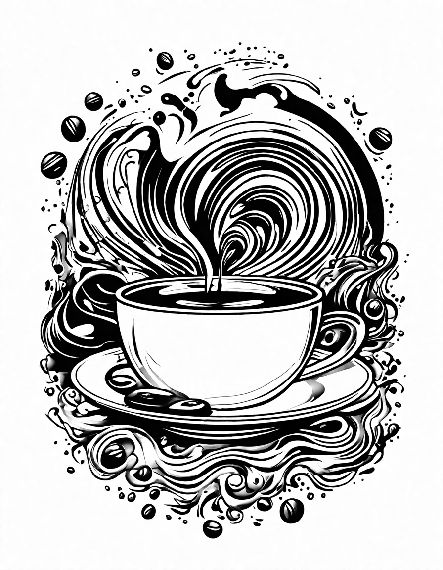 serene pour-over coffee brewing ritual captured in intricate coloring page, showcasing the delicate dance of water droplets over ground beans in black and white
