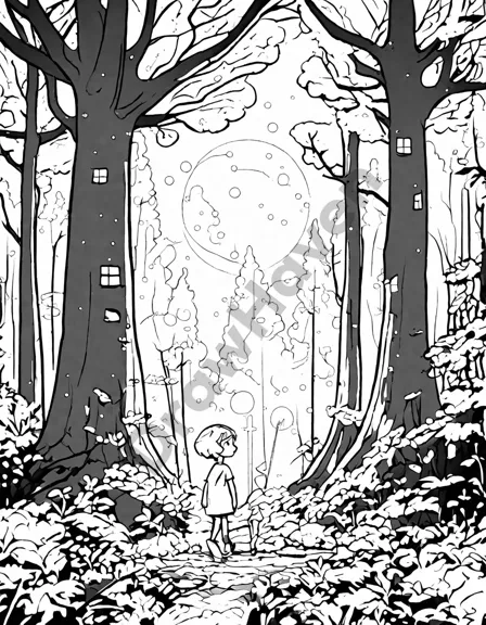 coloring book scene of an alien forest with glowing trees and friendly creatures under a starry sky in black and white