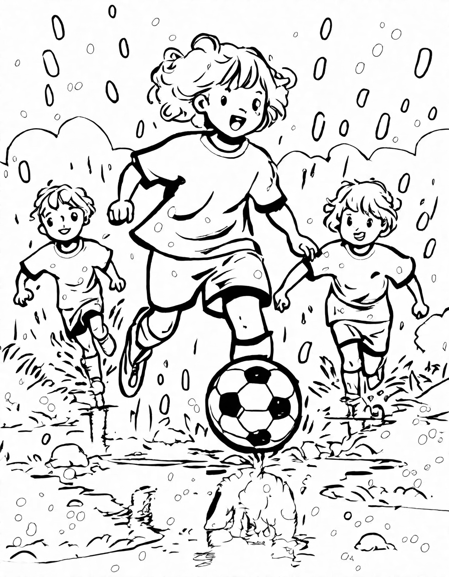 Coloring book image of young soccer players displaying determination in a rainy, muddy match under a stormy sky in black and white