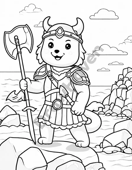 shieldmaiden with shield and axe on shoreline near viking longship, in a coloring book scene in black and white