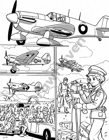 world war ii airplanes coloring page with spitfire and mustang over airbase in black and white