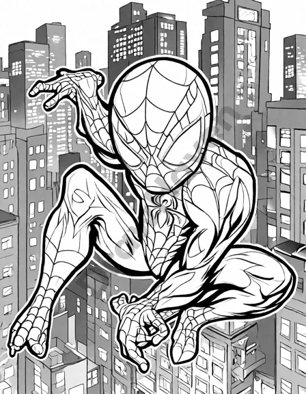 venom invades new york city in coloring book page, spider-man confronts encroaching darkness in black and white