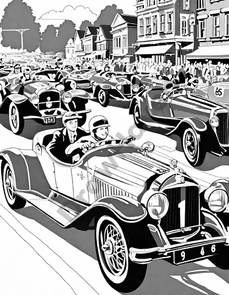 coloring book page of a vintage race parade with classic cars and cheering spectators in black and white