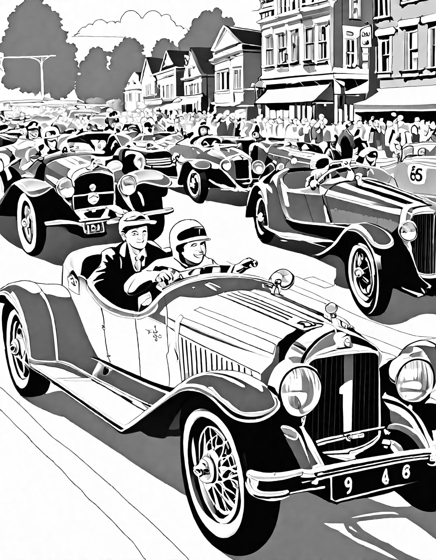 coloring book page of a vintage race parade with classic cars and cheering spectators in black and white