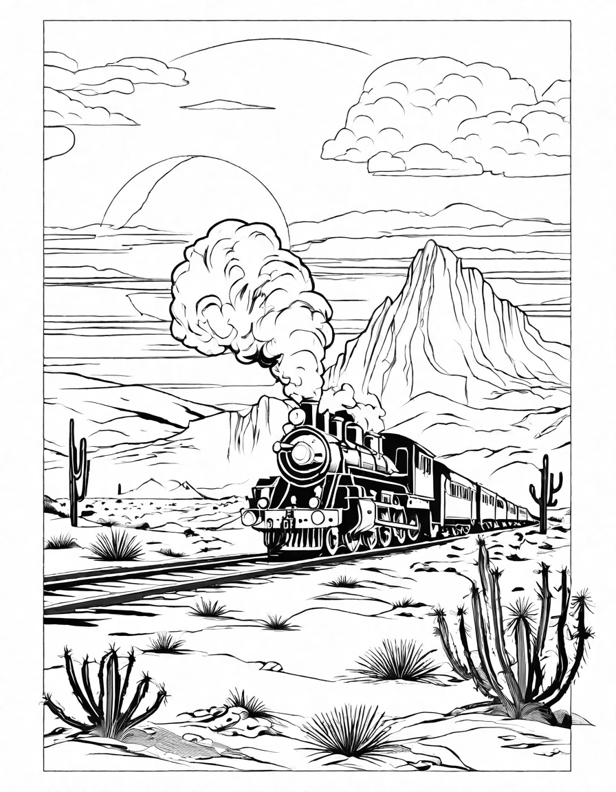 coloring page of steam locomotive on desert tracks with cacti, animals, and ruins in black and white
