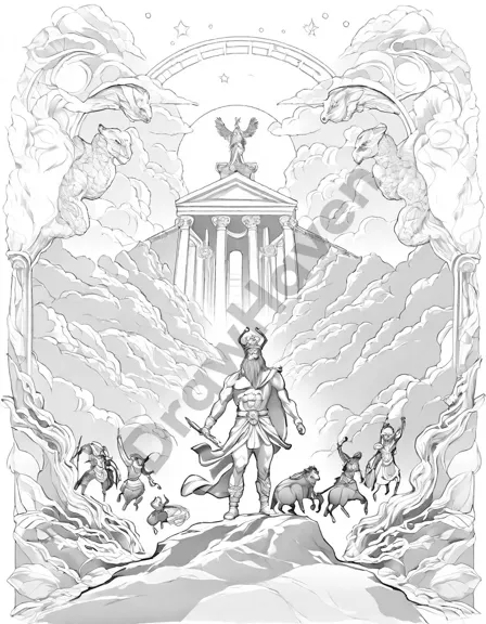 greek gods on mount olympus coloring book page with zeus holding a thunderbolt surrounded by temples and clouds, detailed and inviting coloring adventure in black and white