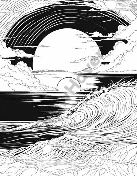 coloring page of serene sunrise over the ocean with tranquil waves and vibrant sky in black and white