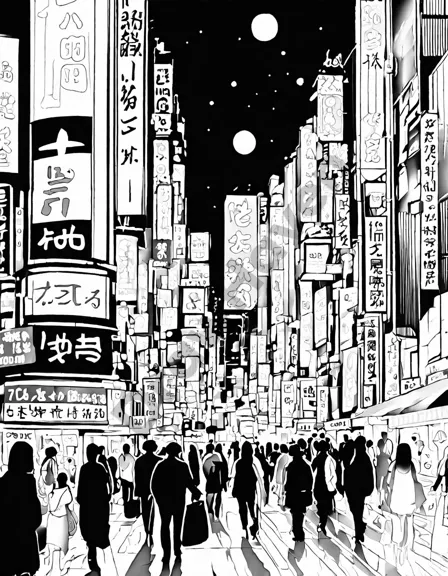 Coloring book image of night view of tokyo streets with neon lights, people at shibuya crossing, and traditional izakayas in black and white