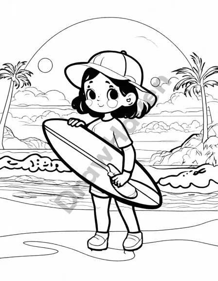 coloring book image of surfer's paradise with palm trees, surfboard, ocean, and sunset, inviting creativity in black and white