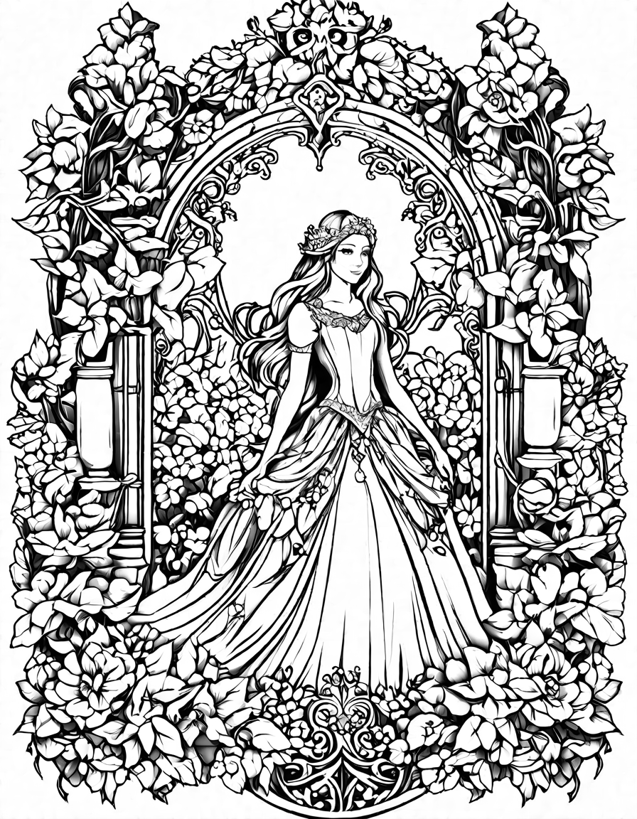 coloring page of a princess's chamber in a fairy tale castle with enchanted mirrors and flowers in black and white