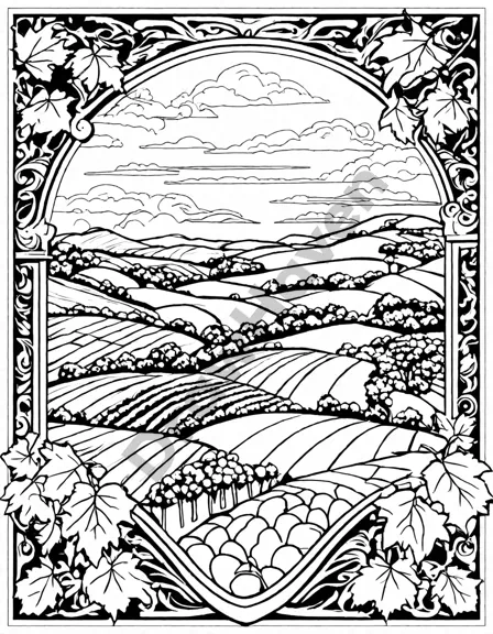 Coloring book image of serene vineyard scene with rolling hills, vines, and sunset glow in black and white