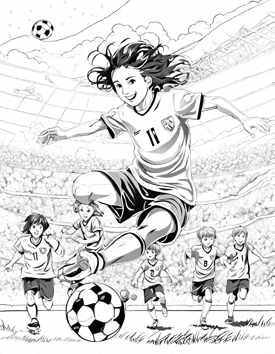 Coloring book image of young soccer players performing drills on a green field under a sunny sky, with a coach overseeing in black and white