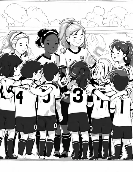 soccer team huddle coloring page with detailed jerseys and stadium background in black and white