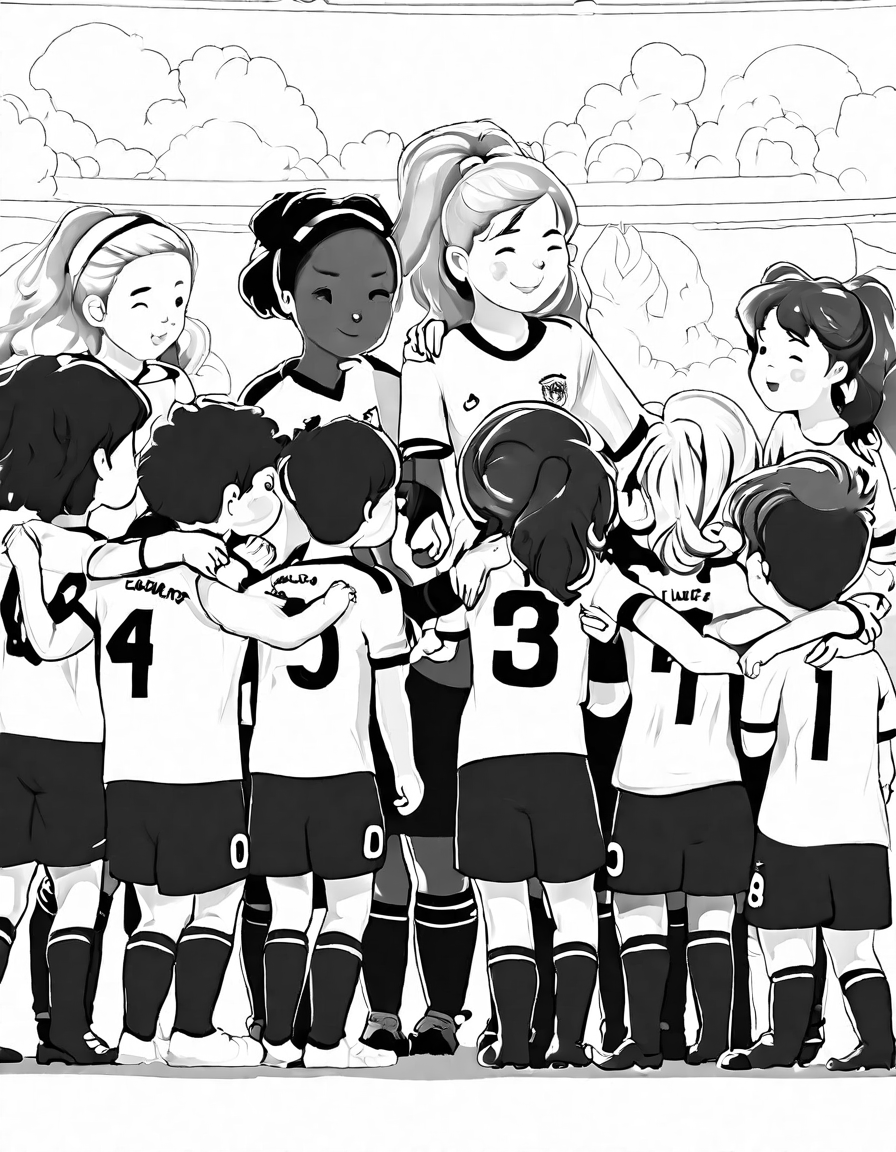 soccer team huddle coloring page with detailed jerseys and stadium background in black and white
