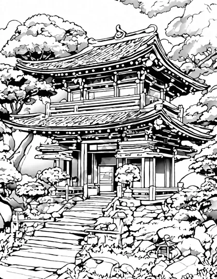 antique japanese temple surrounded by greenery and stone lanterns in a serene garden coloring page in black and white