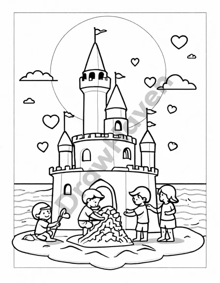 children building a heart-shaped sand castle on a beach in a valentine's day coloring book page in black and white