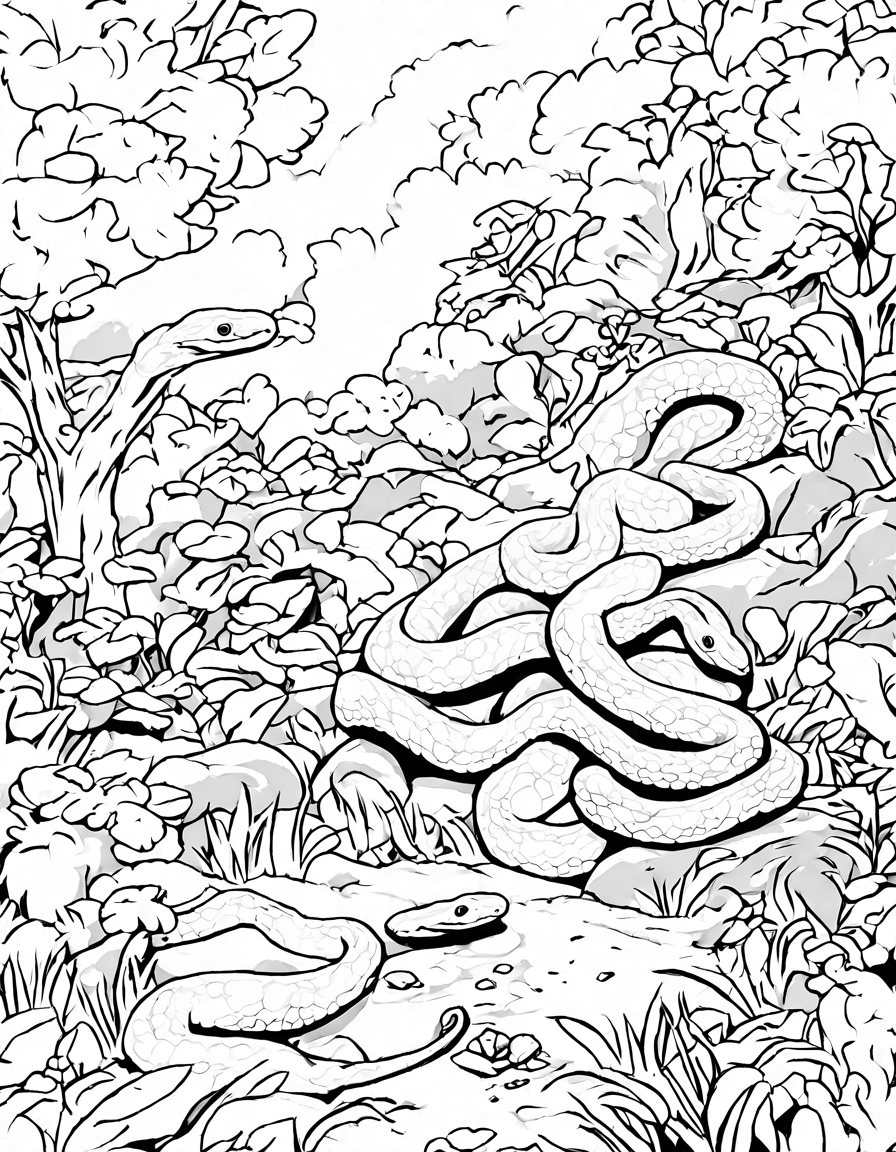 coloring book page featuring kids at a zoo with snakes hiding in grass, inviting a colorful adventure in black and white