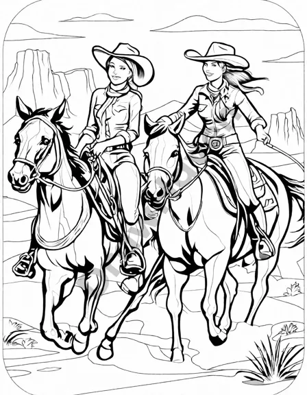 Coloring book image of trio of cowgirls showcasing barrel racing, lasso twirling, and sharpshooting at a sunlit rodeo in black and white